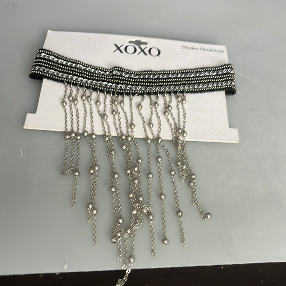 XOXO choker necklace w silver chains and balls